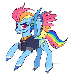 Size: 2556x2768 | Tagged: safe, artist:marsel1nushka, rainbow dash, pegasus, pony, g4, colored wings, concave belly, female, grin, high res, mare, multicolored wings, older, older rainbow dash, signature, simple background, smiling, solo, white background, wings