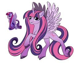 Size: 3516x2894 | Tagged: safe, artist:marsel1nushka, twilight sparkle, alicorn, pony, g5, colored wings, curly mane, curly tail, female, high res, horn markings, long mane, long tail, mare, redesign, signature, simple background, solo, spread wings, tail, toy interpretation, twilight sparkle (alicorn), two toned wings, unshorn fetlocks, white background, wings