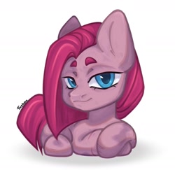 Size: 1417x1375 | Tagged: safe, artist:fazbonz, pinkie pie, earth pony, pony, g4, chibi, female, lying down, mare, pinkamena diane pie, prone, signature, simple background, smiling, solo, white background