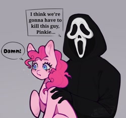 Size: 1545x1448 | Tagged: safe, artist:natevampwolf, pinkie pie, earth pony, pony, g4, crossover, ghostface, gray background, i think we're gonna have to kill this guy, meme, scream (movie), simple background