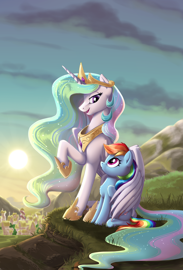 [alicorn,artist:sirzi,commission,duo,female,g4,hug,mare,pegasus,pony,ponyville,princess celestia,rainbow dash,safe,scenery,sunrise,winghug,wings,looking at each other,looking at someone]