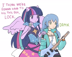 Size: 2048x1638 | Tagged: safe, artist:berser_key, twilight sparkle, alicorn, human, equestria girls, g4, my little pony equestria girls: rainbow rocks, asahi rokka, bang dream! (bandori!), crossover, electric guitar, female, guitar, i think we're gonna have to kill this guy, meme, microphone, musical instrument, ponied up, simple background, twilight sparkle (alicorn), white background