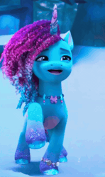 Size: 596x1010 | Tagged: safe, screencap, misty brightdawn, pony, unicorn, g5, my little pony: make your mark, my little pony: make your mark chapter 6, secrets of starlight, spoiler:g5, spoiler:my little pony: make your mark, spoiler:my little pony: make your mark chapter 6, spoiler:mymc06e04, animated, cropped, determined, determined look, gif, glitter, hopping, jewelry, necklace, rebirth misty, smiling, smirk, snow, solo, sparkles