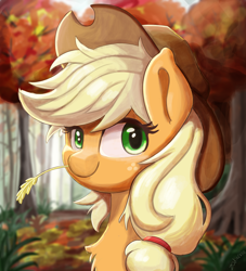 Size: 2500x2750 | Tagged: safe, artist:zodiacx10, applejack, earth pony, pony, g4, applejack's hat, autumn, bust, chest fluff, cowboy hat, cute, female, forest, hat, high res, jackabetes, mare, nature, portrait, smiling, solo, straw in mouth, tree