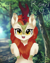 Size: 666x839 | Tagged: safe, artist:latia122, autumn blaze, kirin, g4, awwtumn blaze, bipedal, bust, cloven hooves, cute, female, forest, heart, looking at you, mare, nature, open mouth, open smile, portrait, rearing, roar, smiling, solo, tree