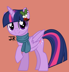 Size: 880x914 | Tagged: safe, twilight sparkle, alicorn, pony, g4, clothes, female, looking at you, mare, mistleholly, red background, scarf, simple background, smiling, smiling at you, twilight sparkle (alicorn)
