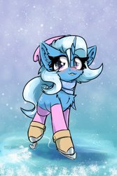 Size: 2000x3000 | Tagged: safe, artist:jubyskylines, trixie, pony, unicorn, g4, :p, blushing, chest fluff, clothes, cute, diatrixes, ear fluff, female, hat, high res, horn, ice, ice skates, ice skating, looking at you, mare, scarf, skates, snow, socks, solo, tongue out