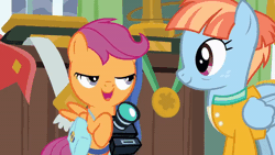 Size: 600x338 | Tagged: safe, screencap, scootaloo, windy whistles, pegasus, pony, g4, parental glideance, ^^, animated, bag, camera, cute, cutealoo, duo, eyes closed, female, filly, foal, freckles, gif, grin, hoofbump, mare, saddle bag, smiling, windybetes