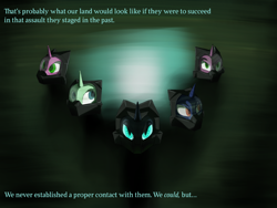 Size: 800x600 | Tagged: safe, artist:sevireth, oc, oc:nyx, alicorn, pony, unicorn, tumblr:nyx contacts, alicorn oc, alternate timeline, alternate universe, chrysalis resistance timeline, dialogue, female, group, hazmat suit, horn, looking at you, looking up, male and female, mare, quintet, text, tumblr, unicorn oc, wings