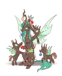 Size: 1000x1217 | Tagged: safe, artist:28gooddays, queen chrysalis, changeling, changeling queen, g4, bipedal, bipedal leaning, christmas, christmas changeling, christmas lights, christmas ornament, cute, cuteling, decoration, eyes closed, holiday, leaning, mommy chrissy, mouth hold, queen christmas, simple background, smiling, spread wings, white background, wings