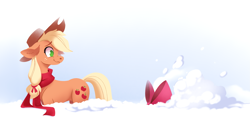 Size: 2949x1419 | Tagged: safe, artist:28gooddays, apple bloom, applejack, earth pony, pony, g4, adorabloom, apple bloom's bow, apple sisters, bow, clothes, concave belly, cute, deep snow, duo, female, filly, floppy ears, foal, hair bow, looking back, mare, scarf, siblings, sisters, snow, winter