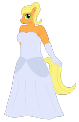 Size: 1259x1945 | Tagged: safe, artist:mlp-headstrong, applejack, earth pony, pony, anthro, g4, alternate hairstyle, applejack also dresses in style, breasts, busty applejack, cinderella, clothes, dress, evening gloves, female, freckles, gloves, gown, long gloves, mare, simple background, smiling, solo, transparent background