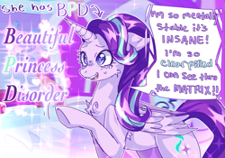 Size: 1575x1105 | Tagged: safe, artist:puroperopony, starlight glimmer, alicorn, pony, g4, alicornified, cheek fluff, chest fluff, concave belly, dialogue, eye clipping through hair, eyelashes, race swap, slender, solo, speech bubble, starlicorn, text, thin, xk-class end-of-the-world scenario