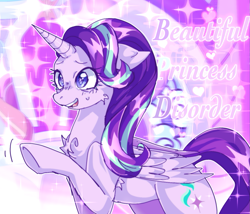 Size: 1291x1105 | Tagged: safe, alternate version, artist:puroperopony, starlight glimmer, alicorn, pony, g4, alicornified, chest fluff, concave belly, folded wings, race swap, solo, speech bubble, starlicorn, text, underhoof, wings, xk-class end-of-the-world scenario