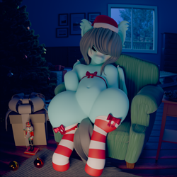 Size: 3840x3840 | Tagged: safe, artist:lfø, oc, oc only, oc:flower popen, bat pony, semi-anthro, 3d, 3d model, belly, belly button, big ears, christmas, christmas tree, clothes, featureless crotch, female, full body, hat, high res, holiday, human shoulders, mare, present, ribbon, round belly, santa hat, sitting, socks, solo, stockings, striped socks, thigh highs, thighs, thunder thighs, tree