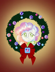 Size: 2550x3300 | Tagged: safe, artist:flutterluv, part of a set, misty brightdawn, pony, unicorn, g5, bust, christmas, christmas wreath, high res, holiday, portrait, smiling, solo, wreath