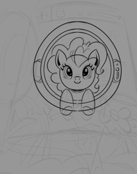 Size: 589x746 | Tagged: safe, artist:poxy_boxy, pinkie pie, earth pony, pony, g4, female, grayscale, looking at you, mare, monochrome, plushie, sketch, smiling, smiling at you, solo, washing machine, wip