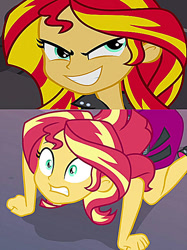 Size: 500x667 | Tagged: safe, edit, edited screencap, screencap, sunset shimmer, equestria girls, equestria girls specials, g4, my little pony equestria girls, my little pony equestria girls: better together, my little pony equestria girls: forgotten friendship, all fours, evil smile, grin, scared, smiling