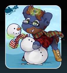 Size: 3569x3913 | Tagged: safe, artist:midnightpremiere, oc, oc only, pony, unicorn, beard, bipedal, boots, clothes, facial hair, glasses, glowing, glowing horn, high res, horn, levitation, magic, male, plaid shirt, scarf, shirt, shoes, snow, snowman, solo, stallion, telekinesis, winter