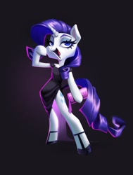 Size: 1992x2632 | Tagged: safe, artist:polochka_art, rarity, unicorn, semi-anthro, g4, arm hooves, black dress, clothes, dress, female, hoof hold, hoof shoes, lidded eyes, mare, open mouth, open smile, purse, shading, smiling, solo
