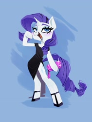 Size: 1992x2632 | Tagged: safe, alternate version, artist:polochka_art, rarity, unicorn, semi-anthro, g4, arm hooves, black dress, blue background, clothes, dress, female, hoof hold, hoof shoes, lidded eyes, mare, open mouth, open smile, purse, simple background, smiling, solo
