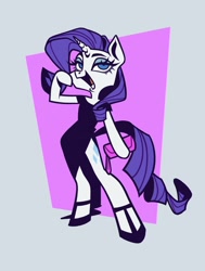 Size: 1992x2632 | Tagged: safe, alternate version, artist:polochka_art, rarity, unicorn, semi-anthro, g4, arm hooves, black dress, clothes, colored, dress, female, flat colors, hoof hold, hoof shoes, lidded eyes, mare, open mouth, open smile, purse, simple background, smiling, solo, white background