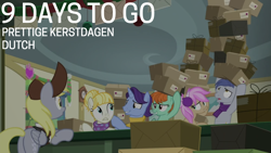 Size: 1920x1080 | Tagged: safe, edit, edited screencap, editor:quoterific, screencap, derpy hooves, november rain, peppermint goldylinks, pegasus, pony, unicorn, series:language advent, g4, my little pony best gift ever, box, clothes, dutch, female, friendship student, hat, mailmare hat, mailmare uniform, male, mare, post office, scarf, stallion