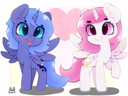Size: 4000x3000 | Tagged: safe, artist:zokkili, princess celestia, princess luna, alicorn, pony, g4, beanbrows, cewestia, cute, cutelestia, duo, duo female, eyebrows, eyebrows visible through hair, female, filly, filly celestia, filly luna, high res, horn, lunabetes, pink-mane celestia, raised hoof, royal sisters, siblings, signature, sisters, smiling, spread wings, tongue out, wings, woona, younger