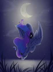 Size: 1848x2500 | Tagged: safe, artist:lony, princess luna, alicorn, pony, g4, falling, female, flowing hair, flowing mane, flowing tail, lake, mare, moon, solo, tail, water