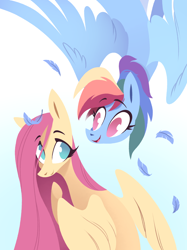 Size: 1500x2010 | Tagged: safe, artist:28gooddays, fluttershy, rainbow dash, pegasus, pony, g4, duo, feather, female, flying, gradient background, looking at each other, looking at someone, mare, no pupils, open mouth, open smile, partially open wings, raised hoof, smiling, spread wings, wings