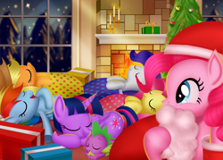 Size: 3500x2500 | Tagged: safe, artist:leonkay, applejack, fluttershy, pinkie pie, rainbow dash, rarity, spike, twilight sparkle, alicorn, earth pony, pegasus, pony, unicorn, g4, christmas, christmas tree, clothes, costume, fireplace, forest, hat, high res, holiday, lying down, mane six, nature, on back, present, santa costume, santa hat, tree, twilight sparkle (alicorn), window