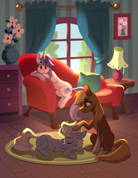 Size: 2000x2575 | Tagged: safe, artist:28gooddays, screw loose, sea swirl, seafoam, earth pony, pony, unicorn, g4, commission, couch, curtains, desk lamp, fanfic, fanfic art, fanfic cover, high res, petting, pillow, ponified, sergeant reckless, vase, window