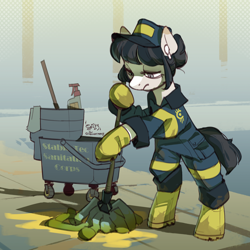 Size: 2400x2400 | Tagged: safe, artist:egil, oc, oc only, oc:momma mop, earth pony, pony, fallout equestria, airpods, cleaning, clothes, female, high res, janitor, mare, mop, solo, stable-tec, uniform, working