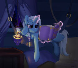 Size: 5000x4333 | Tagged: safe, artist:neoncel, trixie, pony, unicorn, g4, book, candle, female, glowing, glowing horn, horn, lying down, magic, magic aura, mare, night, on side, pillow, reading, solo, telekinesis, trixie's wagon, wagon
