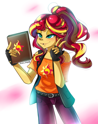 Size: 2377x2996 | Tagged: safe, artist:yuris, sunset shimmer, human, equestria girls, g4, alternate hairstyle, belt, belt buckle, blouse, blushing, clothes, diary, gloves, high res, jacket, lip piercing, lip ring, nose piercing, pants, peace sign, piercing, ponytail, simple background, smiling, solo, white background