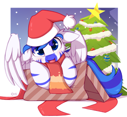 Size: 1360x1249 | Tagged: safe, artist:omi, oc, oc only, oc:fifty percent, pegasus, pony, box, christmas, christmas tree, commission, cute, hat, holiday, male, pony in a box, present, santa hat, solo, tree, ych result