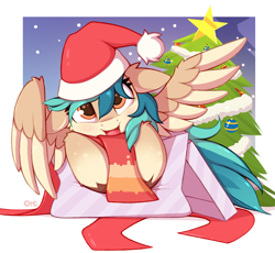 Size: 1360x1249 | Tagged: safe, artist:omi, oc, oc only, oc:peacher, pegasus, pony, box, christmas, christmas tree, commission, cute, female, hat, holiday, mare, pony in a box, present, santa hat, solo, tree, ych result