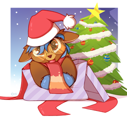Size: 1360x1249 | Tagged: safe, artist:omi, oc, oc only, oc:navi, deer, deer pony, hybrid, original species, christmas, christmas tree, commission, cute, deer in a box, glasses, hat, holiday, present, santa hat, solo, tree, ych result