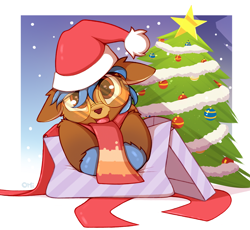 Size: 1360x1249 | Tagged: safe, artist:omi, oc, oc only, oc:navi, deer, deer pony, hybrid, original species, christmas, christmas tree, commission, cute, deer in a box, female, glasses, hat, holiday, present, santa hat, solo, tree, ych result