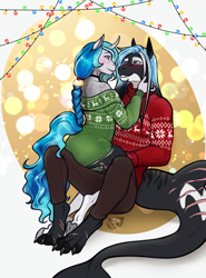 Size: 2897x3915 | Tagged: safe, artist:blackblood-queen, oc, oc only, oc:bubble lee, oc:mako, orca, orca pony, original species, unicorn, anthro, digitigrade anthro, unguligrade anthro, anthro oc, blushing, choker, christmas, christmas 2023, christmas lights, christmas sweater, clothes, couple, curved horn, duo, female, freckles, happy, hearth's warming, hearth's warming eve, high res, holiday, horn, husband and wife, looking at each other, looking at someone, makolee, male, mare, married, married couple, oc x oc, off shoulder, off shoulder sweater, pants, scar, shipping, smiling, stallion, straight, sweater, unicorn oc, wholesome