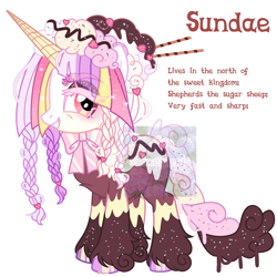 Size: 2500x2500 | Tagged: safe, artist:shineyaris, oc, oc only, candy pony, food pony, ice cream pony, original species, pony, unicorn, belly fluff, braid, chest fluff, chocolate sauce, colored eyelashes, colored hooves, eye clipping through hair, eyeshadow, female, food, gradient mane, grin, high res, hoof polish, ice cream, ice cream cone, ice cream horn, makeup, mare, neck bow, obtrusive watermark, pink eyelashes, pink eyes, ribbon, simple background, smiling, solo, sparkly mane, sprinkles, standing, strawberry, text, unshorn fetlocks, waffle cone, wafflecorn, watermark, white background