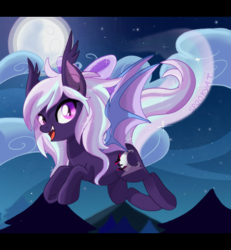 Size: 2500x2700 | Tagged: safe, artist:spookyle, oc, oc:hollow mist, bat pony, pony, female, flying, high res, mare, moon, night, solo