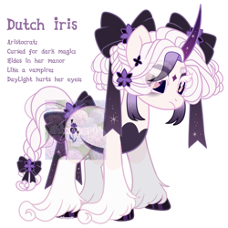 Size: 2500x2500 | Tagged: safe, artist:shineyaris, oc, oc only, oc:dutch iris, original species, pony, umbra pony, unicorn, black hooves, bow, braid, braided tail, closed mouth, coat markings, colored hooves, curved horn, dark belly, dark magic, dark sclera, eyeshadow, facial markings, female, flower, flower in hair, frown, gradient horn, hair bow, high res, hoof polish, horn, long fetlocks, magic, makeup, mare, multicolored eyes, obtrusive watermark, purple sclera, ribbon, simple background, slit pupils, solo, sparkly horn, star (coat marking), tail, tail bow, text, unshorn fetlocks, watermark, white background, white eyelashes