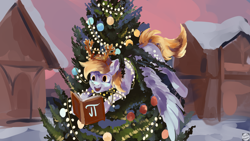 Size: 1920x1080 | Tagged: safe, artist:krapinkaius, derpy hooves, pegasus, pony, g4, antlers, book, christmas, christmas lights, christmas tree, derpy being derpy, garland, holiday, house, pi, reindeer antlers, solo, stuck, tree