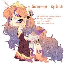 Size: 2500x2500 | Tagged: safe, artist:shineyaris, oc, oc only, oc:summer spirit, alicorn, pony, g4, alicorn oc, bags under eyes, blue eyes, closed mouth, clothes, colored eyelashes, colored hooves, colored wings, eyebrows, eyeshadow, female, fire, flower, flower in hair, folded wings, glitter, gradient fetlocks, gradient mane, gradient tail, gradient wings, high res, hoof polish, horn, kimono (clothing), lidded eyes, long feather, long fetlocks, makeup, mare, obtrusive watermark, simple background, smiling, solo, sparkly fetlocks, sparkly mane, sparkly tail, spirit, standing, sunflower, tail, text, unshorn fetlocks, watermark, white background, wings, yellow eyelashes