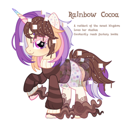 Size: 2500x2500 | Tagged: safe, artist:shineyaris, oc, oc only, oc:rainbow cocoa, candy pony, food pony, original species, pony, unicorn, :3, body markings, chocolate, closed mouth, clothes, colored ears, colored eyelashes, colored horn, eyeshadow, fetlock tuft, food, high res, horn, lidded eyes, long feather, long fetlocks, looking at you, makeup, marshmallow, melting, meringue, mismatched hooves, multicolored horn, multicolored mane, multicolored tail, obtrusive watermark, pink eyelashes, purple eyes, rainbow horn, raised hoof, reference sheet, short hair, simple background, smiling, smiling at you, solo, sparkly ears, sprinkles, standing, starry eyes, striped sweater, sweater, tail, turtleneck, unicorn oc, unshorn fetlocks, watermark, white background, wingding eyes