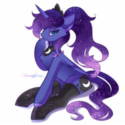 Size: 3000x3000 | Tagged: safe, artist:monstrum, princess luna, alicorn, g4, clothes, cute, high res, looking at you, ponytail, simple background, sitting, solo, stockings, thigh highs, white background