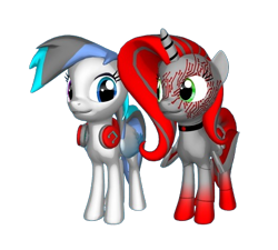 Size: 526x474 | Tagged: safe, artist:snowy starshine, oc, oc only, oc:red virus, oc:snowy starshine, alicorn, pegasus, 3d, duo, headphones, jewelry, looking at each other, looking at someone, mech pony, necklace, simple background, transparent background