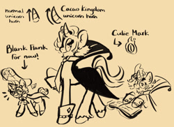 Size: 1280x930 | Tagged: safe, artist:i-ate-a-purse, pony, unicorn, book, cloak, clothes, concave belly, cookie run, crossover, eclair cookie, espresso cookie, glasses, hat, male, monochrome, ponified, simple background, text, unshorn fetlocks