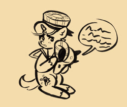 Size: 1280x1087 | Tagged: safe, artist:i-ate-a-purse, pony, unicorn, colt, cookie run, crossover, foal, hat, male, monochrome, peppermint cookie, ponified, sailor hat, seashell, simple background, speech bubble